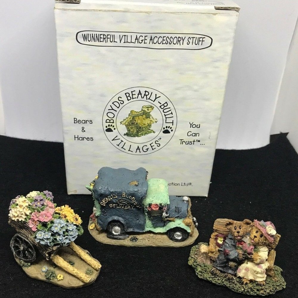 Boyds Bears Town Village Set 2000 Posey Pusher , Stewart Martha & Bloom'n Idiots
